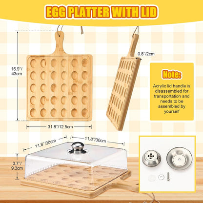 Vercraft Easter Wooden Deviled Egg Platter with Lid and Handle 30 Holes Round Deviled Egg Tray Reversible Charcuterie Board Wooden Serving Tray Containers Holder for Countertop Easter(Bamboo)