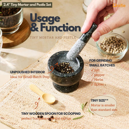 2.4" Tiny Mortar and Pestle Set with Wooden Spoon