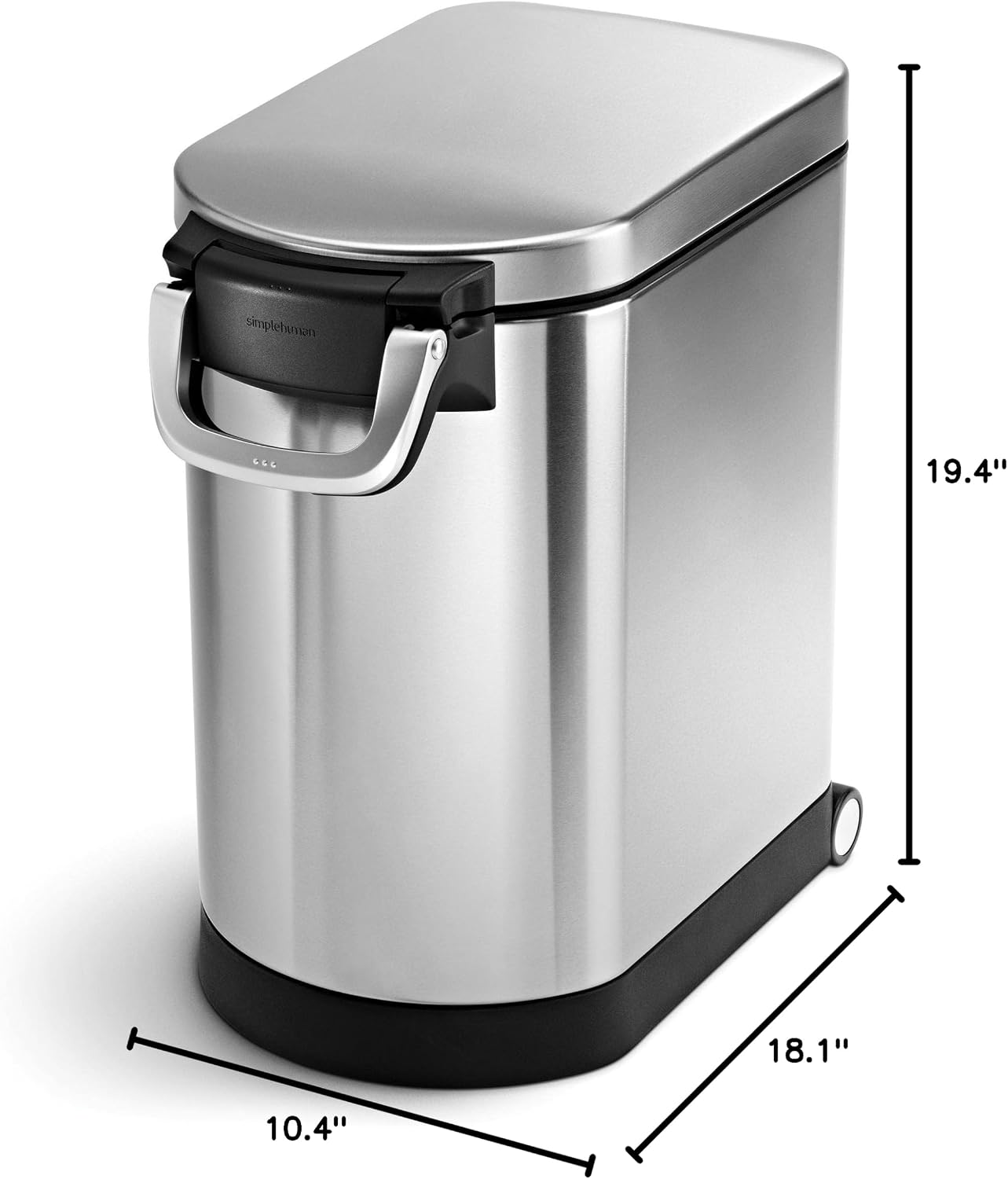 simplehuman 25 Liter, 27 lb / 12.2 kg Medium Pet Food Storage Container for Dog Food, Cat Food, and Bird Feed, Alloy Steel, Matte Black