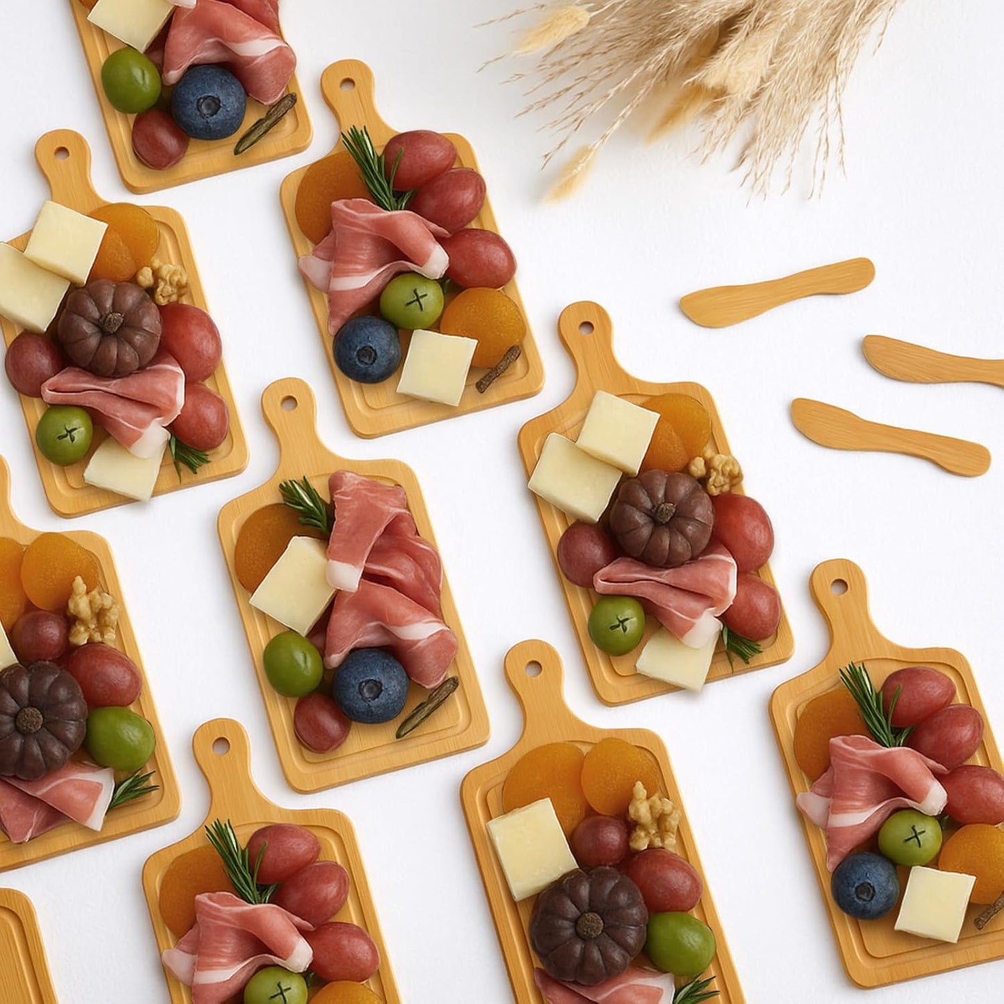Nuenen 50 Pcs Mini Wooden Charcuterie Board Bulk, Small Wood Cutting Board for Crafts Laser Engraving with Knives Organza Bags Wedding Baby Shower Favors Gift (Square,Bamboo Color)