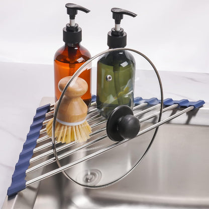 Tomorotec Foldable Stainless Steel Triangle Roll-Up Dish Drying Rack for Small Sink Corners - Over-The-Sink Multipurpose Kitchen Drainer, Rustproof Organizer, Trivet and Shelf - Space-Saving (Black)