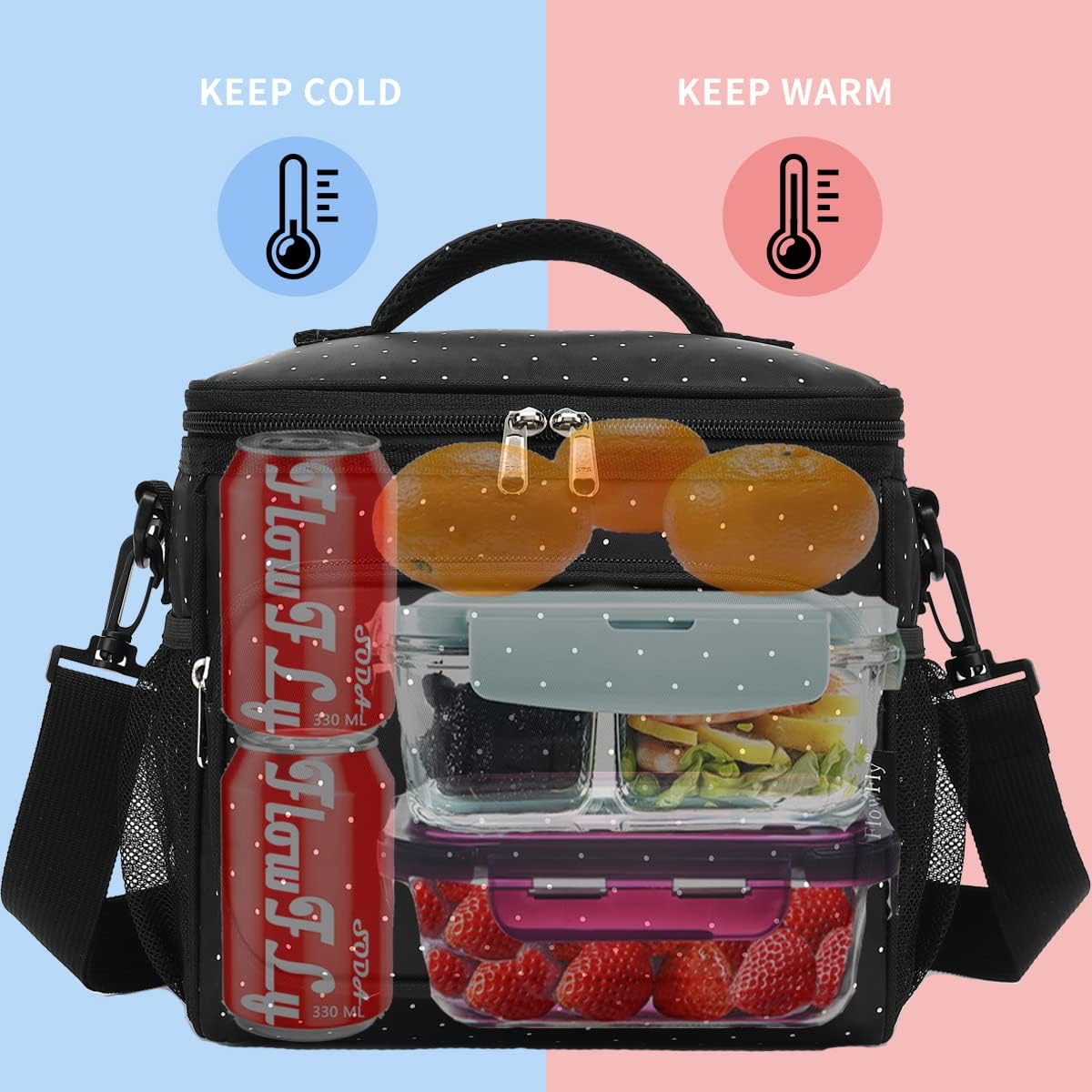 FlowFly Insulated Reusable Lunch Bag Adult Large Lunch Box for Women and Men with Adjustable Shoulder Strap,Front Zipper Pocket and Dual Large Mesh Side Pockets,Cherry - Colors B