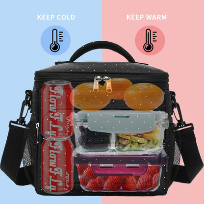 FlowFly Insulated Reusable Lunch Bag Adult Large Lunch Box for Women and Men with Adjustable Shoulder Strap,Front Zipper Pocket and Dual Large Mesh Side Pockets,Cherry - Colors B