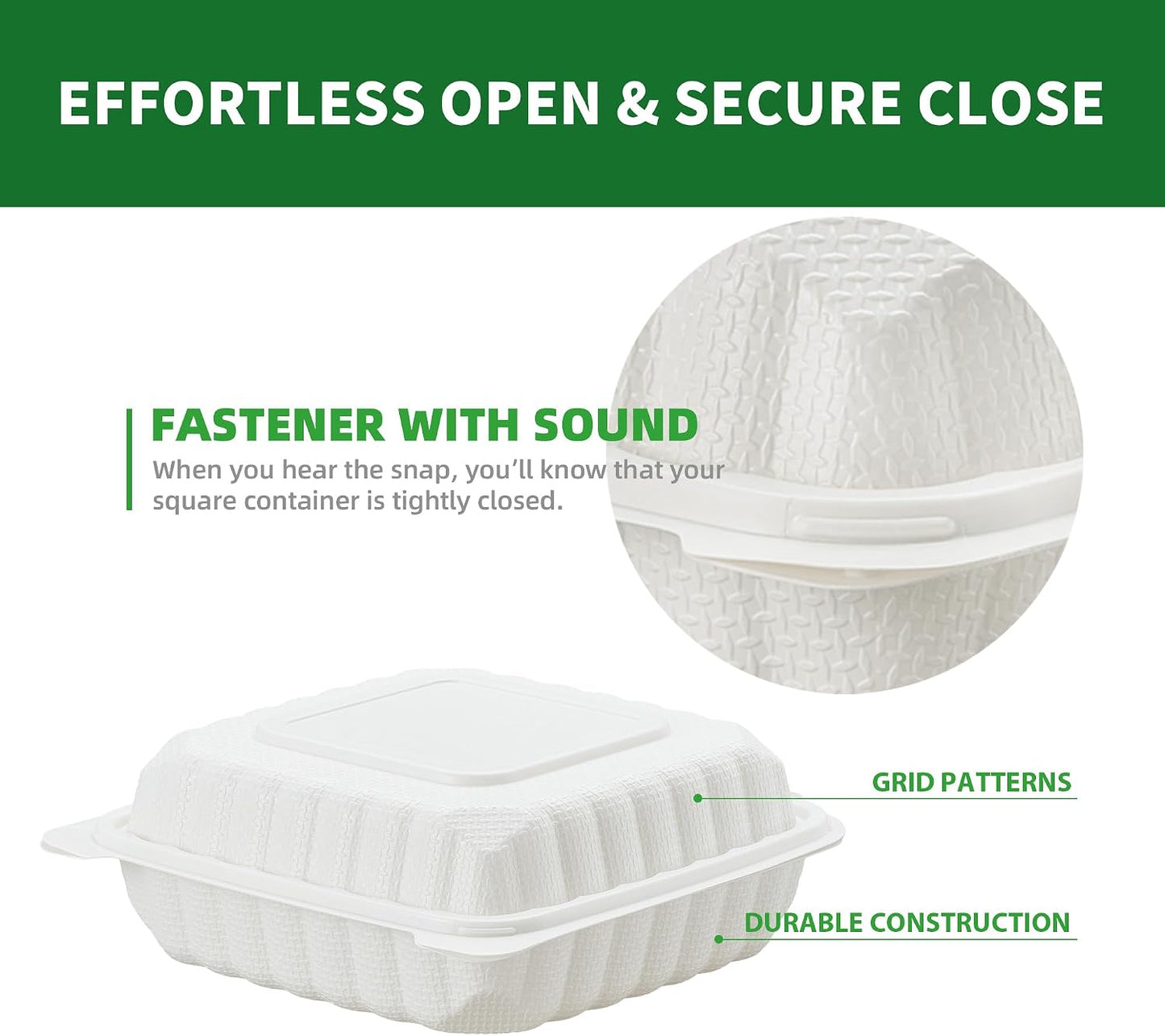 Clamshell Take Out Food Containers, 50 Pack 9x9 Inch Hinged To Go Food Containers with Lids, Disposable Plastic Meal Prep Lunch Boxes for Snacks Salad Sandwiches, Microwave & Freezer Safe