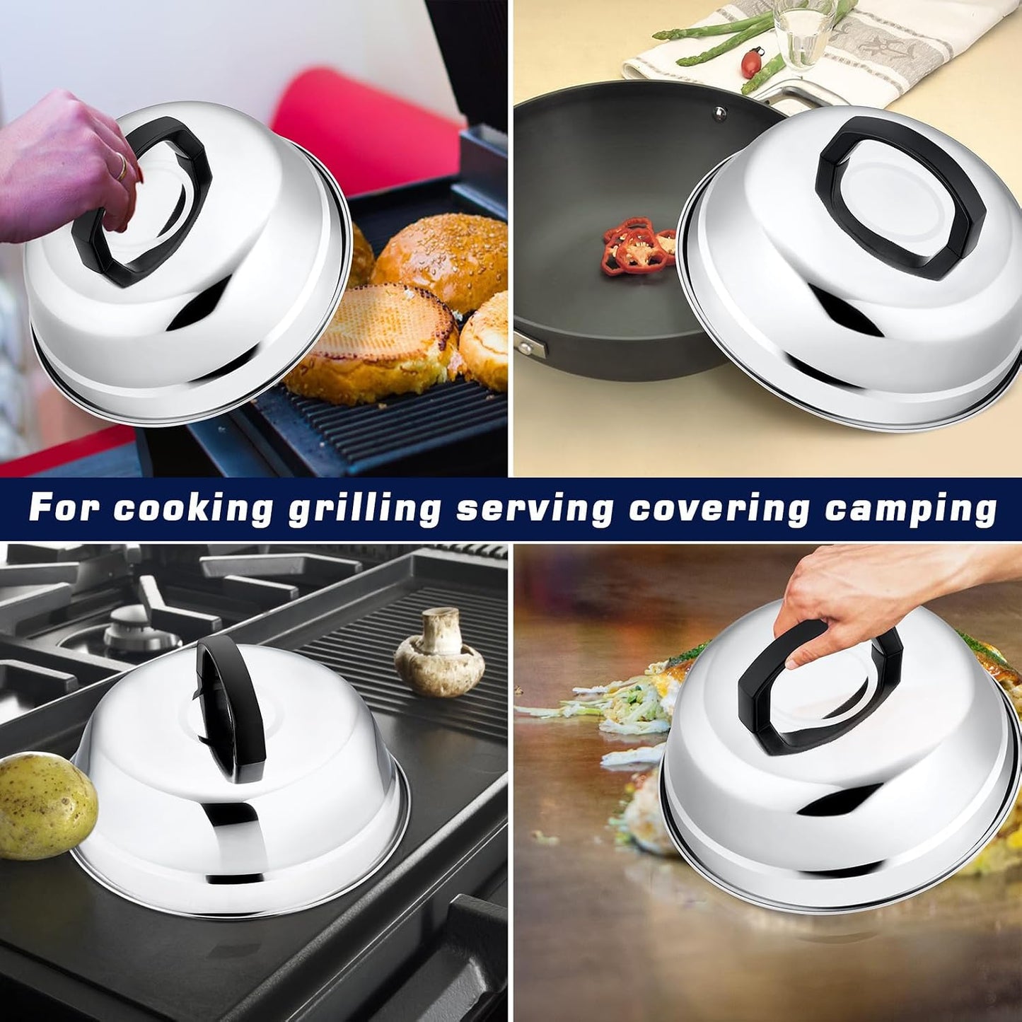 9In Melting Dome & 5.5In Burger Press, HaSteeL Stainless Steel Small Basting Cover with Round Bacon Press, Metal Griddle Accessories Set for Flat Top Teppanyaki Hibachi Grilling Cooking Steaming BBQ