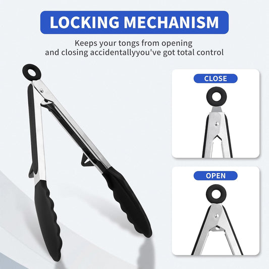 Kitchen Tongs,Set Of 3 Tongs with Silicone Tip for Cooking 9/12 Inch Stainless Steel Kitchen Tong for Meat,Food Grill,Salad,BBQ,Frying,Serving,Dishwasher (Black, 12 Inch)