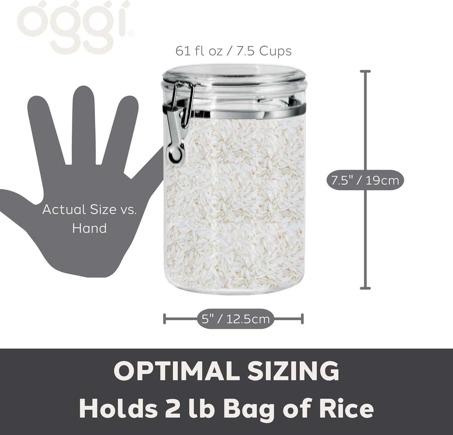Oggi Large Clear Canister with Clamp Lid, 72 oz - Large Airtight Food Storage Container, for Kitchen & Pantry Storage of Bulk, Dry Foods, Pasta, Flour, Sugar, Coffee, Rice, Tea, Spices & Herbs