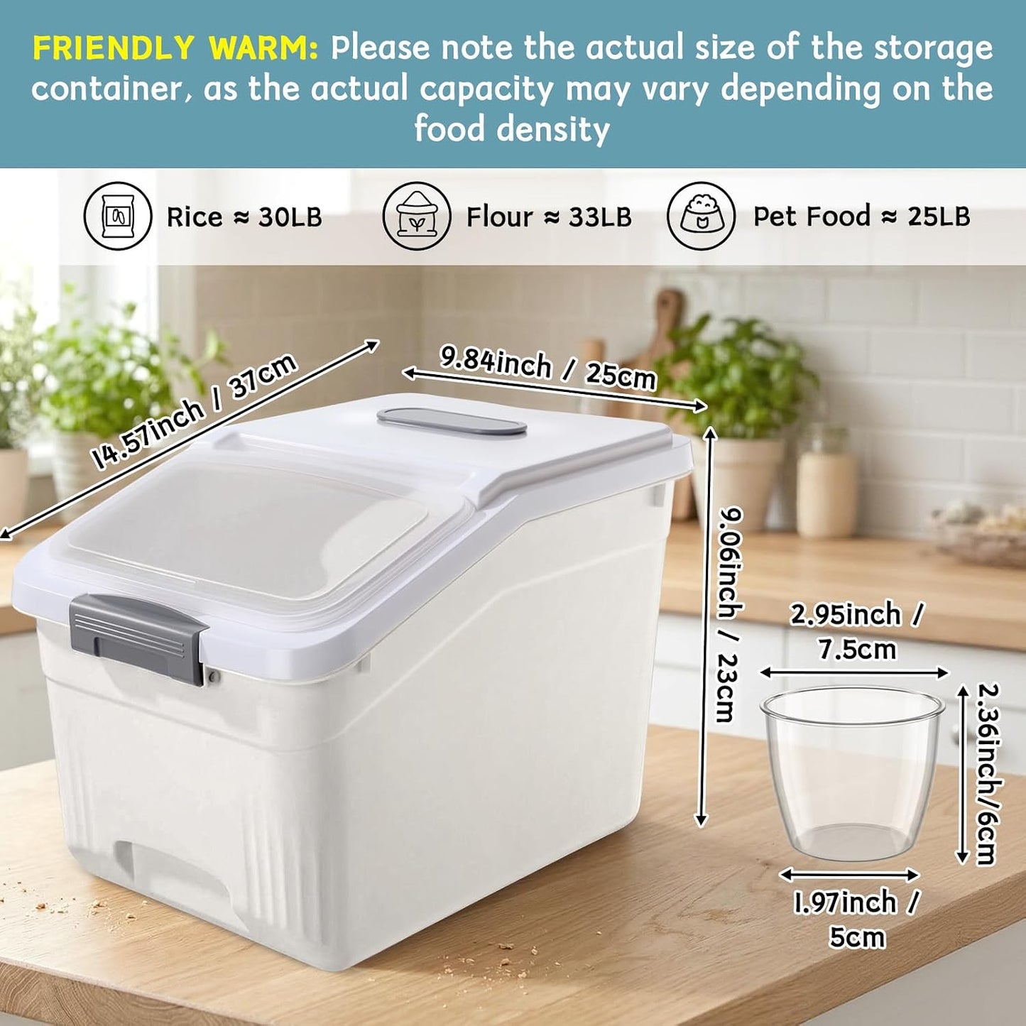 Blushtier 4 Pack Large Rice Storage Containers 30 Lbs Airtight Flour Container with Seal Locking Lid and Measuring Cup Kitchen Dry Food Storage Bins for Cereal Sugar Beans(Transparent White)