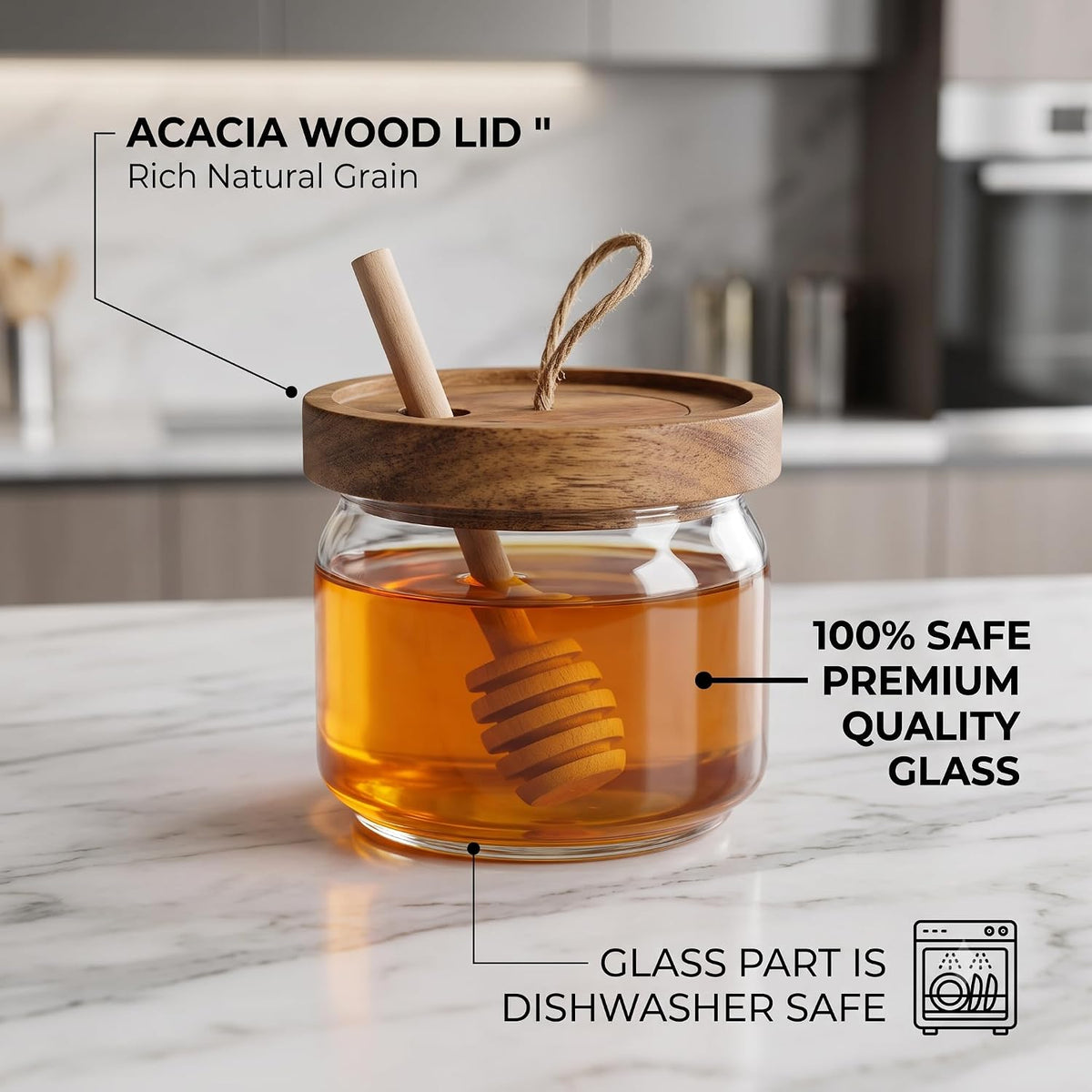 Honey Jar Pot Glass Holder Dispenser Set with Wooden Dipper Stick and Acacia Lid Cover - 9 Oz Honey Jar with Dipper and Lid - Modern Glass Honey Dispenser & Honey Drizzler for Home Kitchen Decor