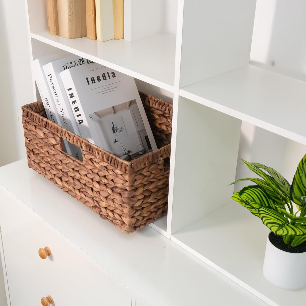 KOKODO Wicker Storage Basket Set of 2, Rectangular Baskets for Shelves with Handles & Chalkboard Labels, Handwoven Water Hyacinth Baskets for Organizing Pantry, Closet & Home.