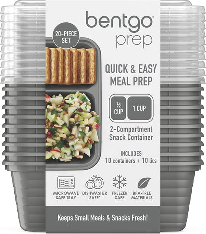 Bentgo Prep - 2-Compartment Snack Containers with Lids - Reusable, Microwaveable, Durable, PFAS & BPA-Free, Freezer, & Dishwasher-Safe Meal Prep Food Storage - 10 Trays & 10 Lids (Basil Glitter)