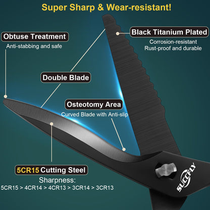 SUCCFLY Kitchen Scissors for Food，Premium Kitchen Shears Heavy Duty，8.8″Ultra Sharp Meat Scissors Detachable Blade，All Steel Poultry Shears Black Titanium Plated，Anti-Slip Cooking Scissor All Purpose