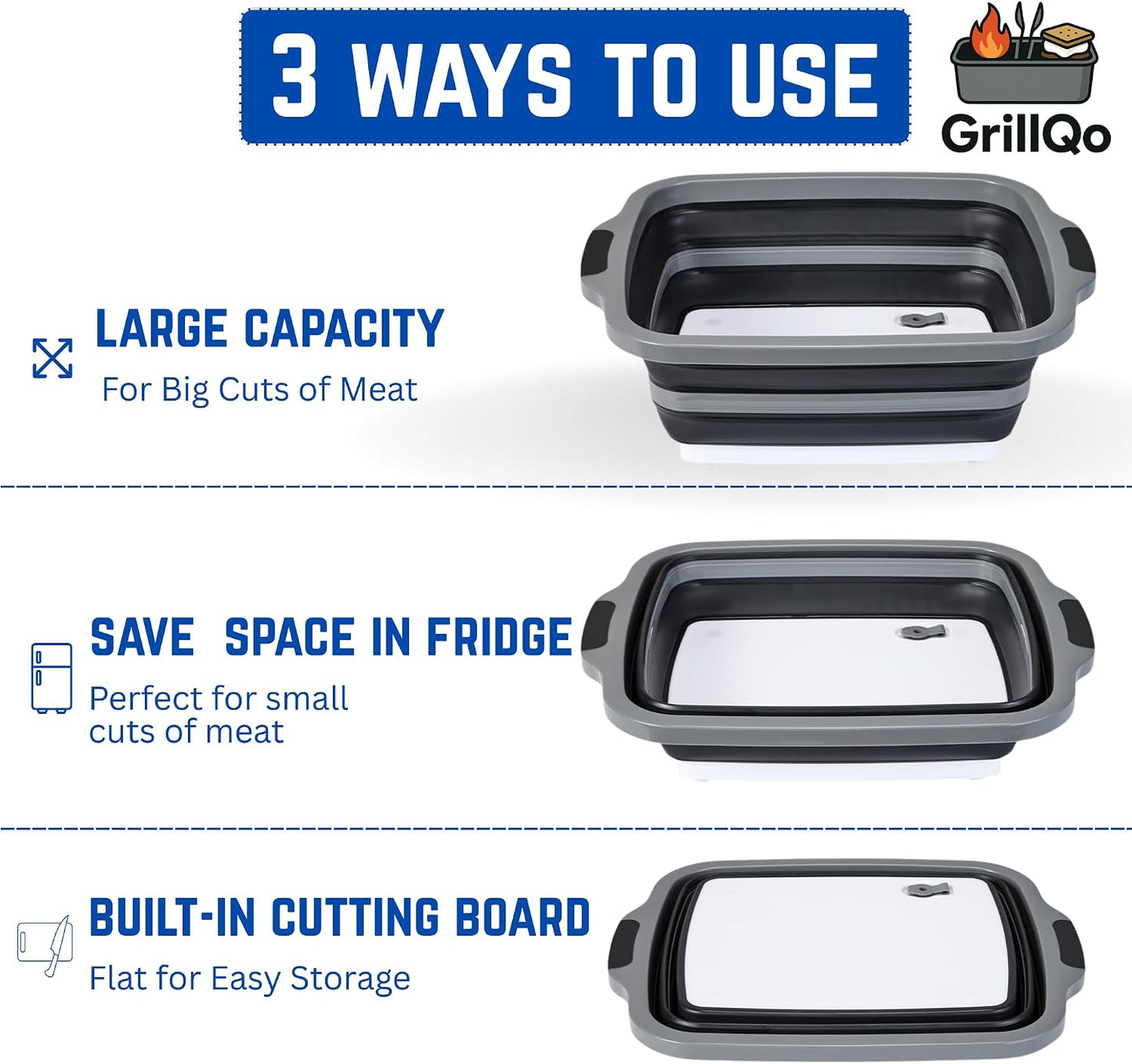 BBQ Prep Tub with 2 Pcs Meat Shredder Claws, Collapsible Cutting Board, 3 Adjustable Height BBQ Prep Tub with Lid, Multifunction Dish Basin for Kitchen, Grilling, Outdoor Cooking, Camping & Picnic