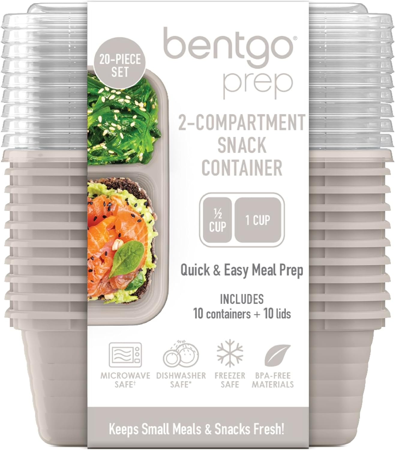 Bentgo Prep - 2-Compartment Snack Containers with Lids - Reusable, Microwaveable, Durable, PFAS & BPA-Free, Freezer, & Dishwasher-Safe Meal Prep Food Storage - 10 Trays & 10 Lids (Basil Glitter)