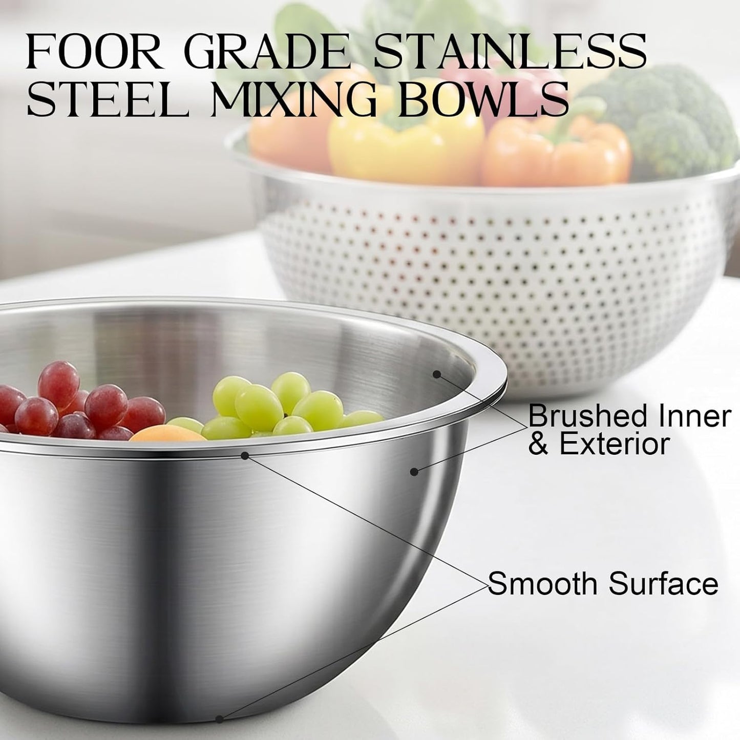 DUTZUN Heavy-Duty Stainless Steel Mixing Bowls Set of 5 plus 3QT Colander, Nesting Kitchen Metal Bowl for Baking Prep Salads Serving Cooking, Dishwasher Safe — 4.0 to 0.8 QT