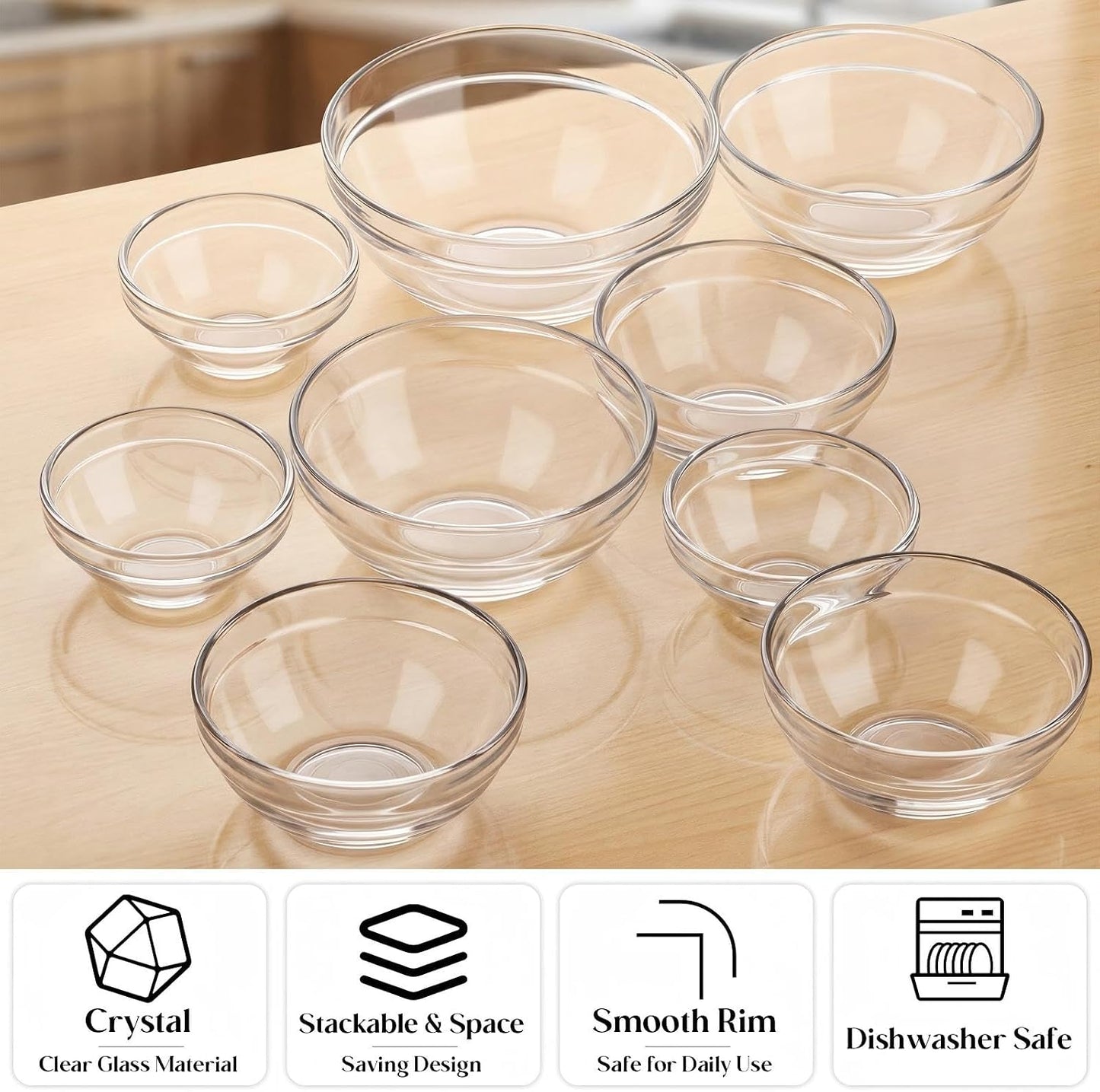 LemonRoad 20 Pcs Glass Prep Bowls Sets 4 Sizes 1.5/2.5/4.5/8.5 oz Cooking Clear Small Prep Pinch Bowls Mini Stackable for Toppings, Kitchen, Salt, Spices, Dipping, Baking & Meal