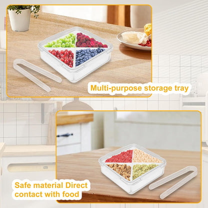 Qivine Veggie Tray with Lid for Fridge, Portable Vegetable Tray with Lid and Dip, 6 Compartments Divided Serving Tray with Lid and Handle, Round Veggie Trays for Serving for Party with 2 Clips