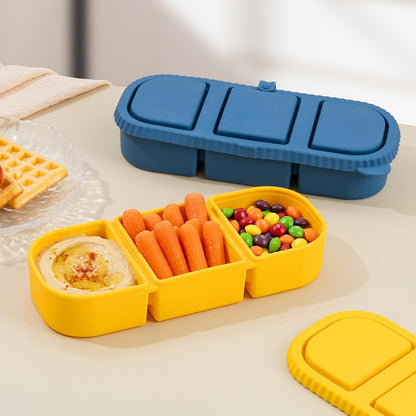 Silicone Reusable Snack Containers with Lids, 4 Pack 3 Compartment Bento Snack Boxes, Leakproof Food Storage Containers for Meal Prep, Lunch, Fruits, Kids & Adults, Dishwasher Safe