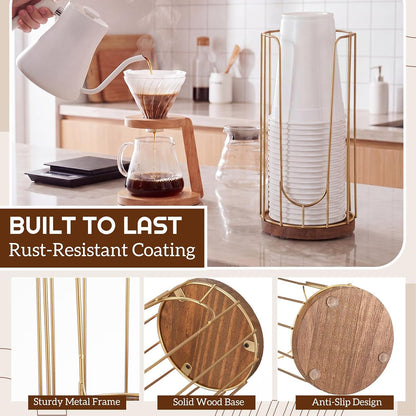 Geelin 18oz Adjustable Coffee Cup Dispenser with Wooden Base, Cup and Lid Holder, Cups Holder Organizer for Coffee Pod Straw and Lid Storage(2-compartment Single,Color 2)
