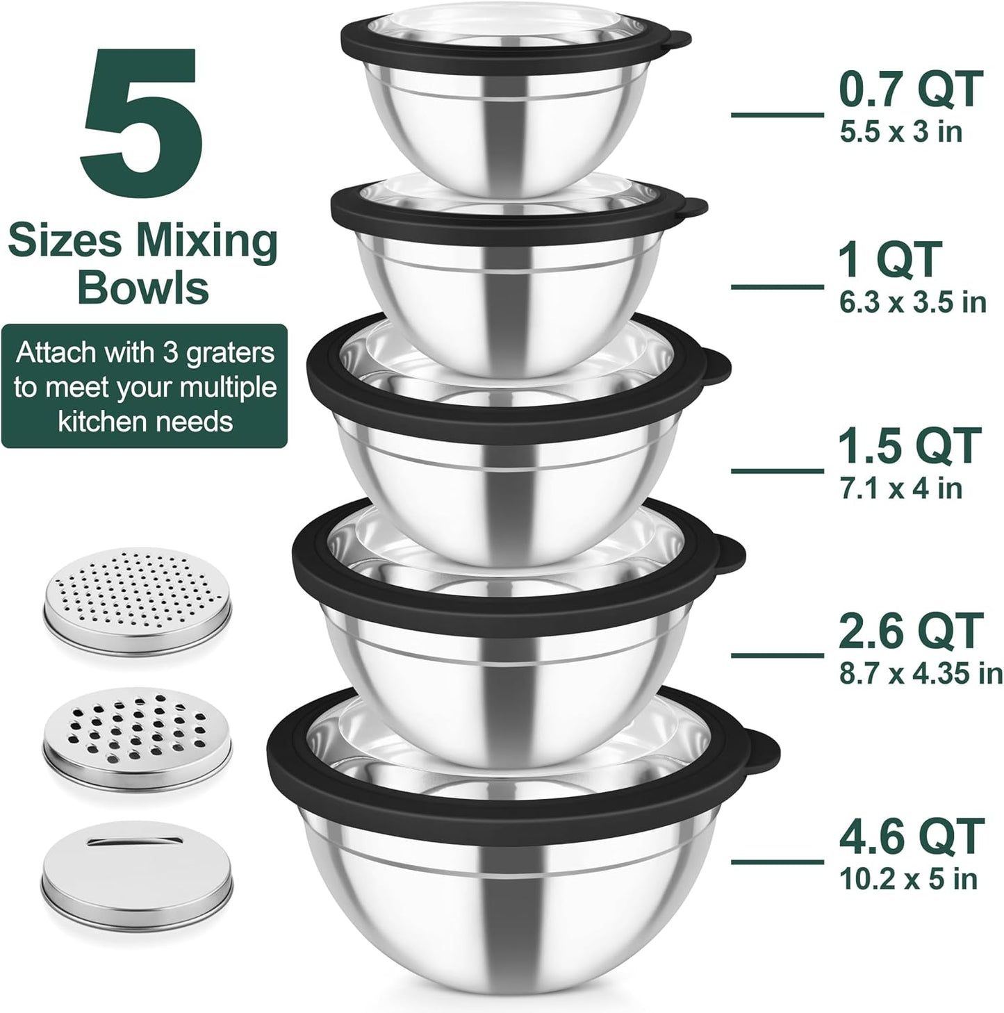 TeamFar Mixing Bowls, Stainless Steel Salad Serving Bowl with Clear Lids & 3 Graters, For Kitchen Cooking Prepping Storing, Size 4.6/2.6/1.5/1/0.7 QT, Nesting & Airtight, Set of 5 & Khaki