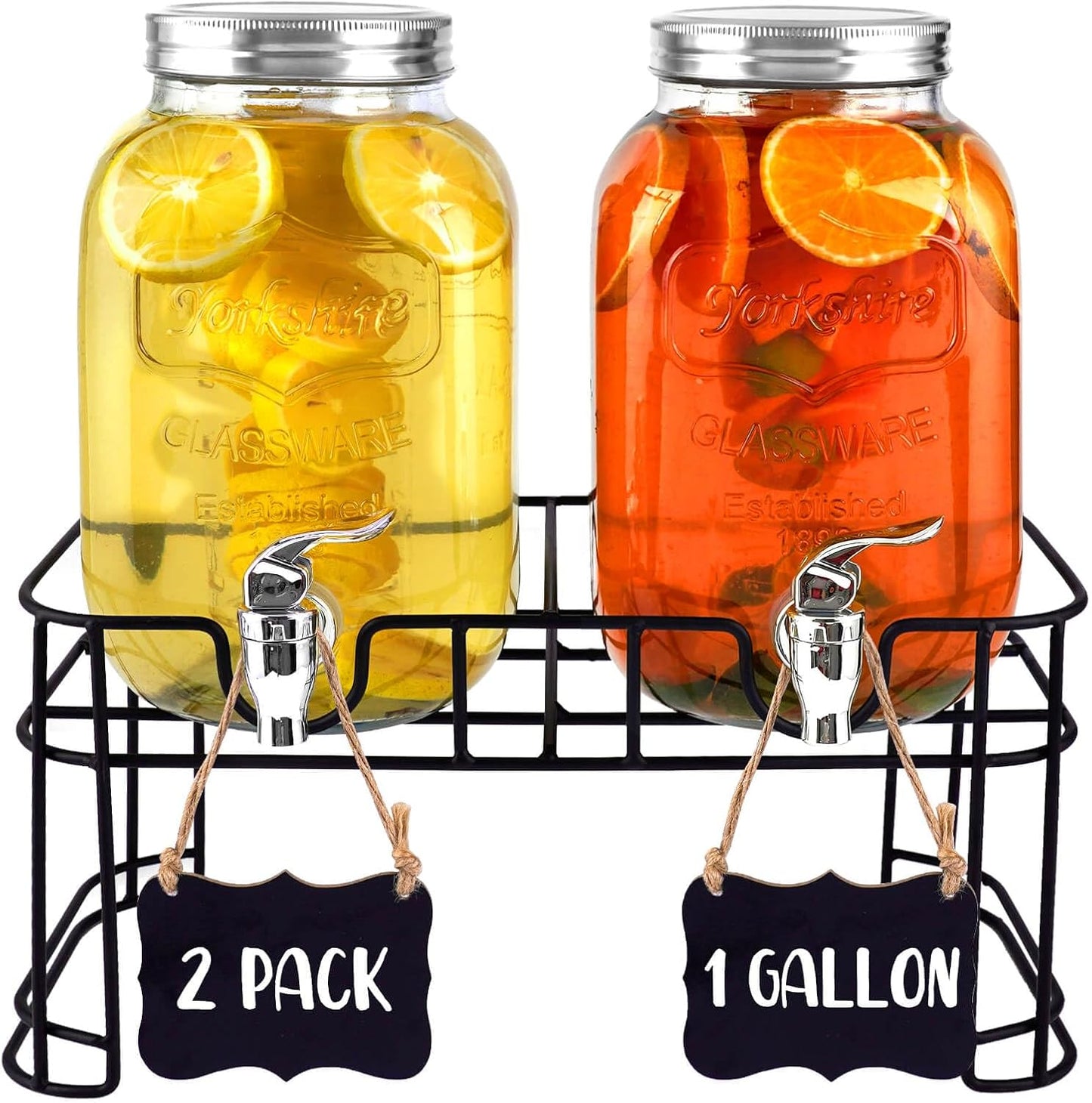 2 Gallon Drink Dispenser with 18/8 Stainless Steel Spigot, Sun Tea Glass Mason Jar for Outside, Iced Lemonade Beverage Dispenser with Fruit Infuser, Large Water Juice Jug, Punch Dispenser for Parties