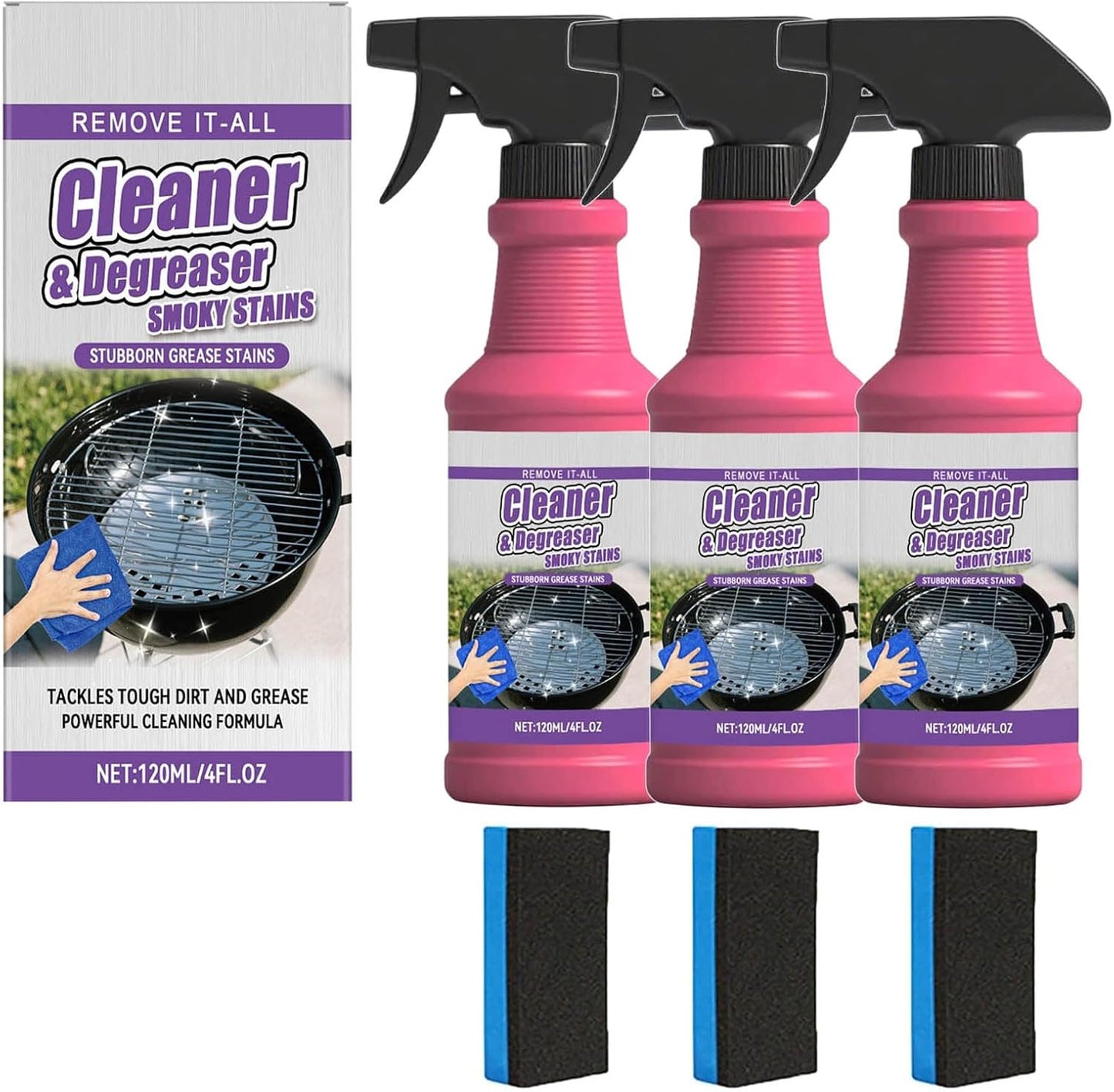 Fast-Acting Heavy-Duty Grill Degreaser Spray, Heavy Duty BBQ Grill Degreaser, Multi Functional Grease Remover for Outdoor Grills Effortlessly Removes Stubborn Oil & Carbon Residue (sponge)