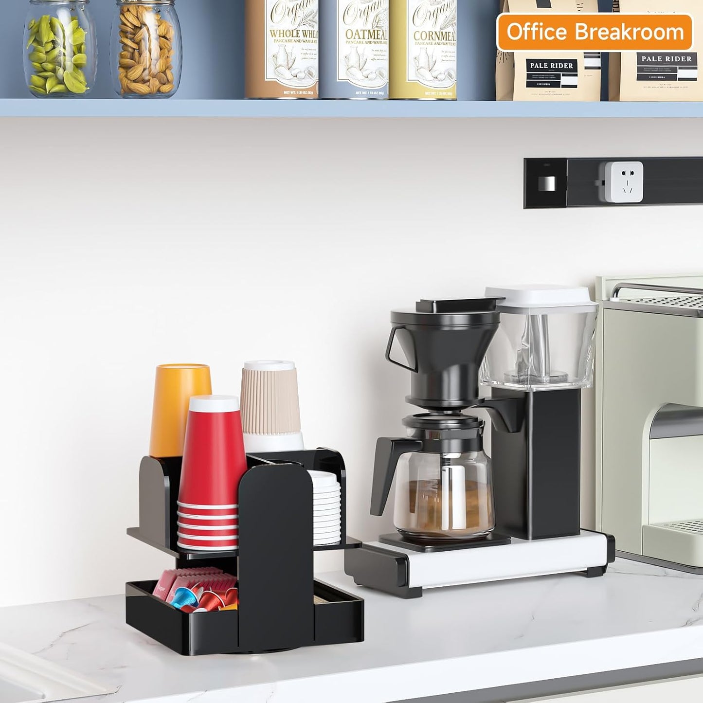 Beego Rotatable 4-Compartment Acrylic Cup Dispenser - Coffee Station Cup and Lid Carousel Countertop Plastic Cup Holder for Restaurant Breakroom Coffee Bar