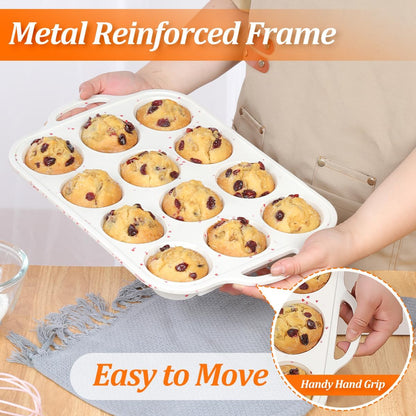 CAKETIME Mini Muffin Pan, Metal Reinforced Frame Mini Cupcake Pans 24 Cups Nonstick Muffin Silicone Molds with Handle for Baking Muffins, Cupcakes, Egg Bites 2 Pack