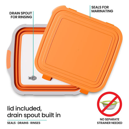 Collapsible BBQ Prep Tub with Lid and Drain Spout, 16L Portable Meat Marinating and Grilling Tray, Cutting Board Food Storage Container for Outdoor Cooking, Camping, Tailgating and Kitchen Prep