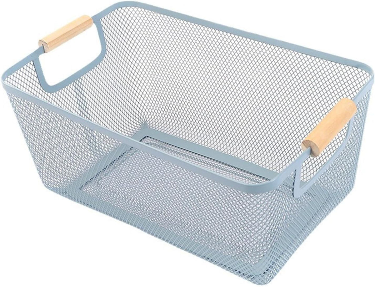 AJIODA Metal Mesh Steel Basket, Large Wire Storage Organizer Basket Multi-function Hanging Kitchen Baskets with Wood Handle for Kitchen Bathroom Picnic Home, Rectangle-Off White