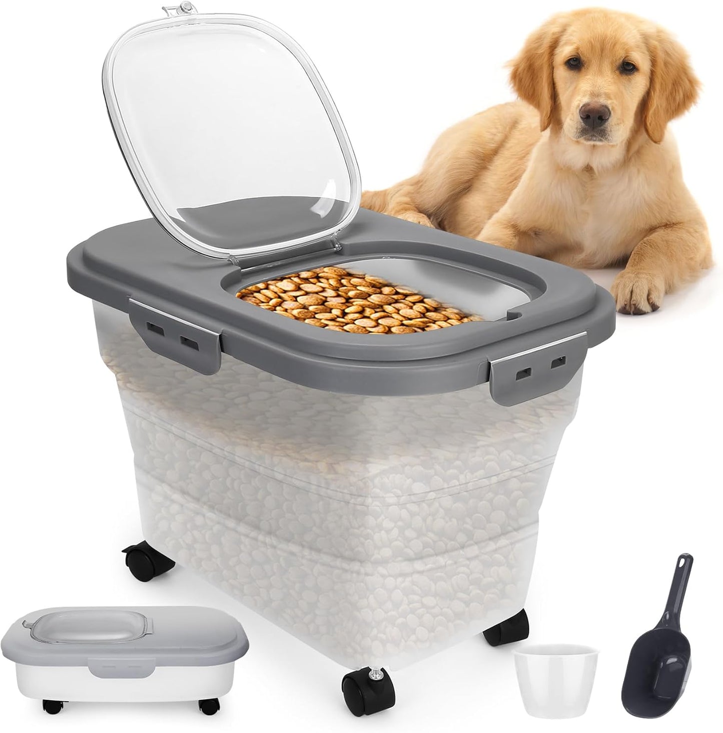 Dog Food Container, Collapsible Pet Food Storage Container 17-20 lb with Rolling Wheels & Airtight Lid, Plastic Storage Bin With Dog Food Scoop and Measuaring Cups