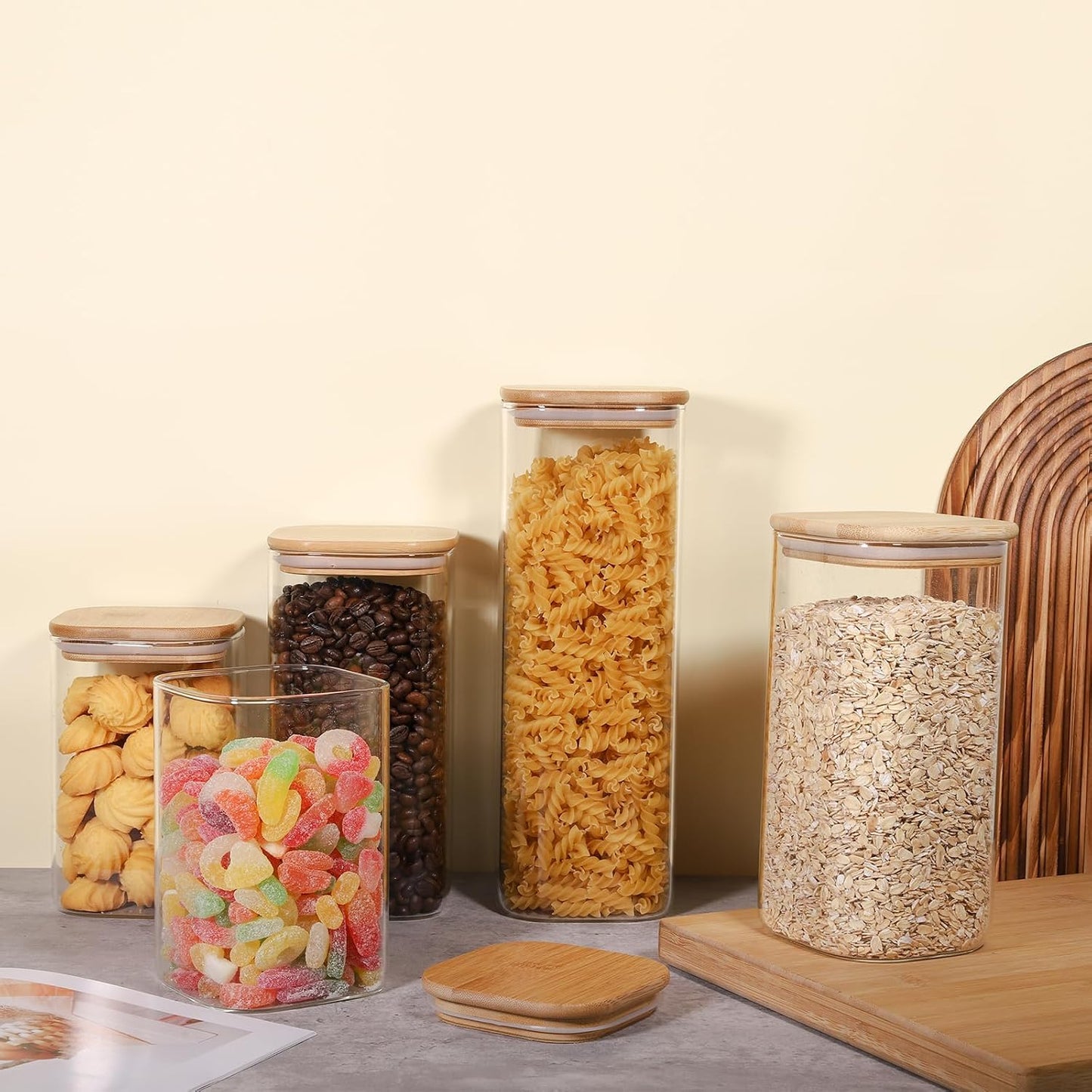 Glass Food Storage Jars 37 oz Set of 6,Glass Storage Containers Clear Glass Food Canister with Bamboo Lid Airtight For Serving Tea, Coffee, Flour, Sugar, Candy, Cookie, Spice and More (Square)