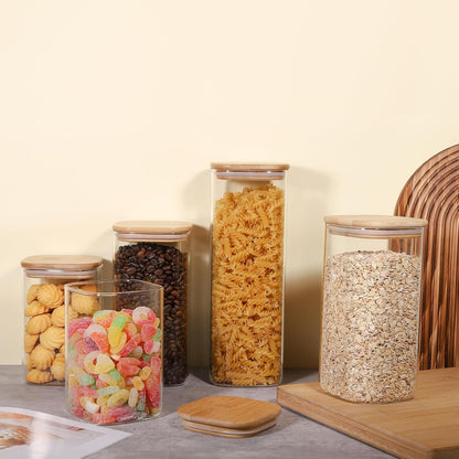 Glass Food Storage Jars 37 oz Set of 6,Glass Storage Containers Clear Glass Food Canister with Bamboo Lid Airtight For Serving Tea, Coffee, Flour, Sugar, Candy, Cookie, Spice and More (Square)