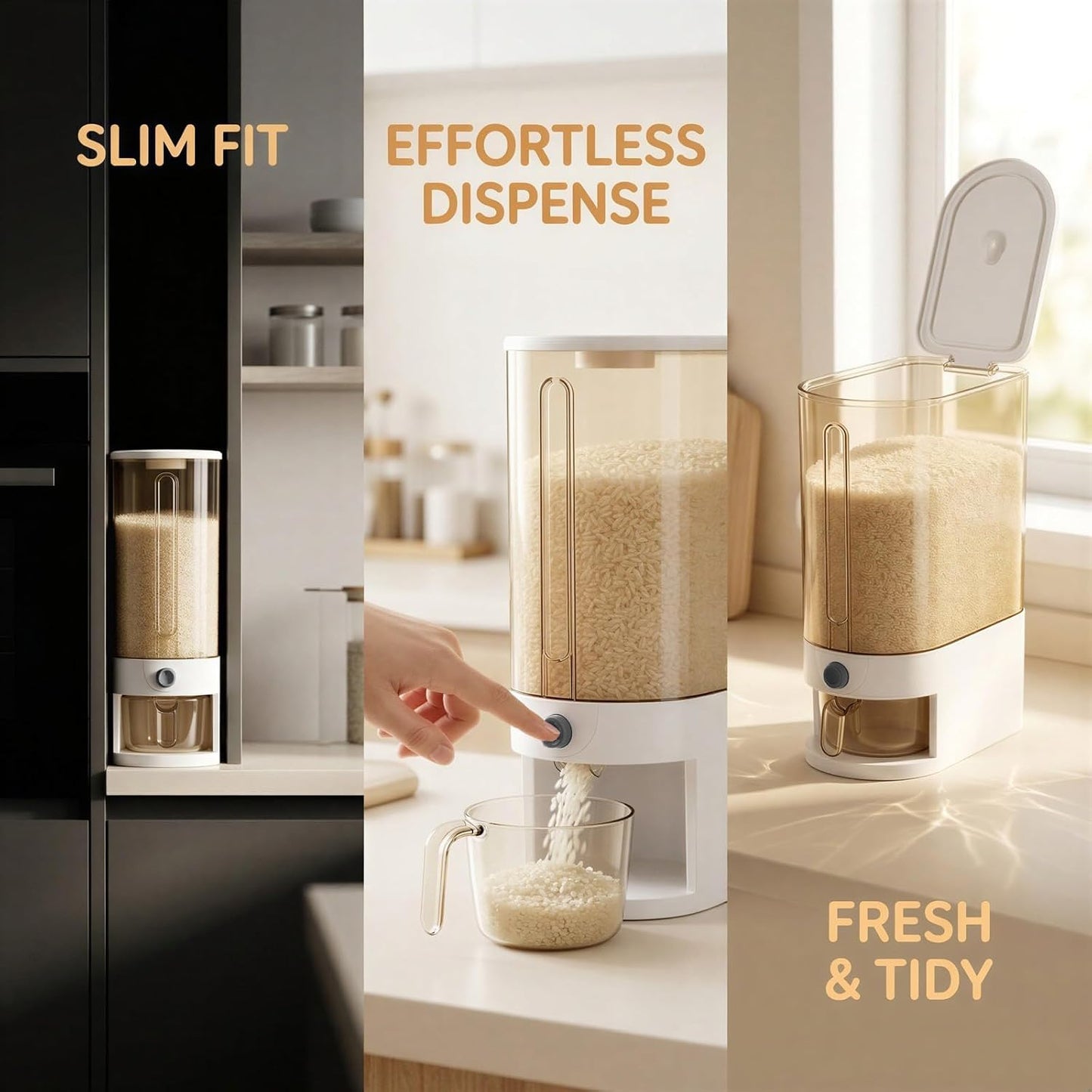 22-25Lbs Rice Dispenser, Large Rice Storage Container Cereal Dispenser Rice Holder Food Storage Container with Measuring Cup, One-Touch Sealed Moisture Food Dispenser for Kitchen and Household