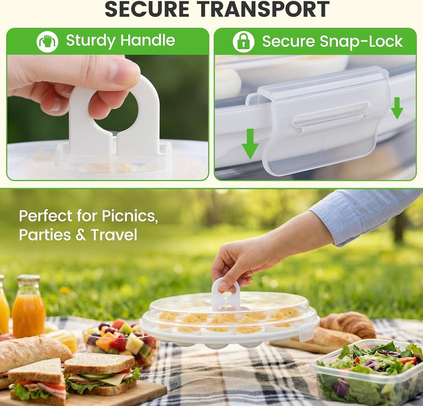 HANSGO Deviled Egg Containers with Lid, Deviled Egg Platter Carrier Holder Trays with 22 Slots for Holiday Party and Home Kitchen, Green