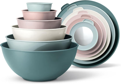 COOK WITH COLOR Mixing Bowls with Lids - 12 Piece Plastic Nesting Bowls Set includes 6 Prep Bowls and 6 Lids, Microwave Safe Mixing Bowl Set, Pink Embossed - Colors A