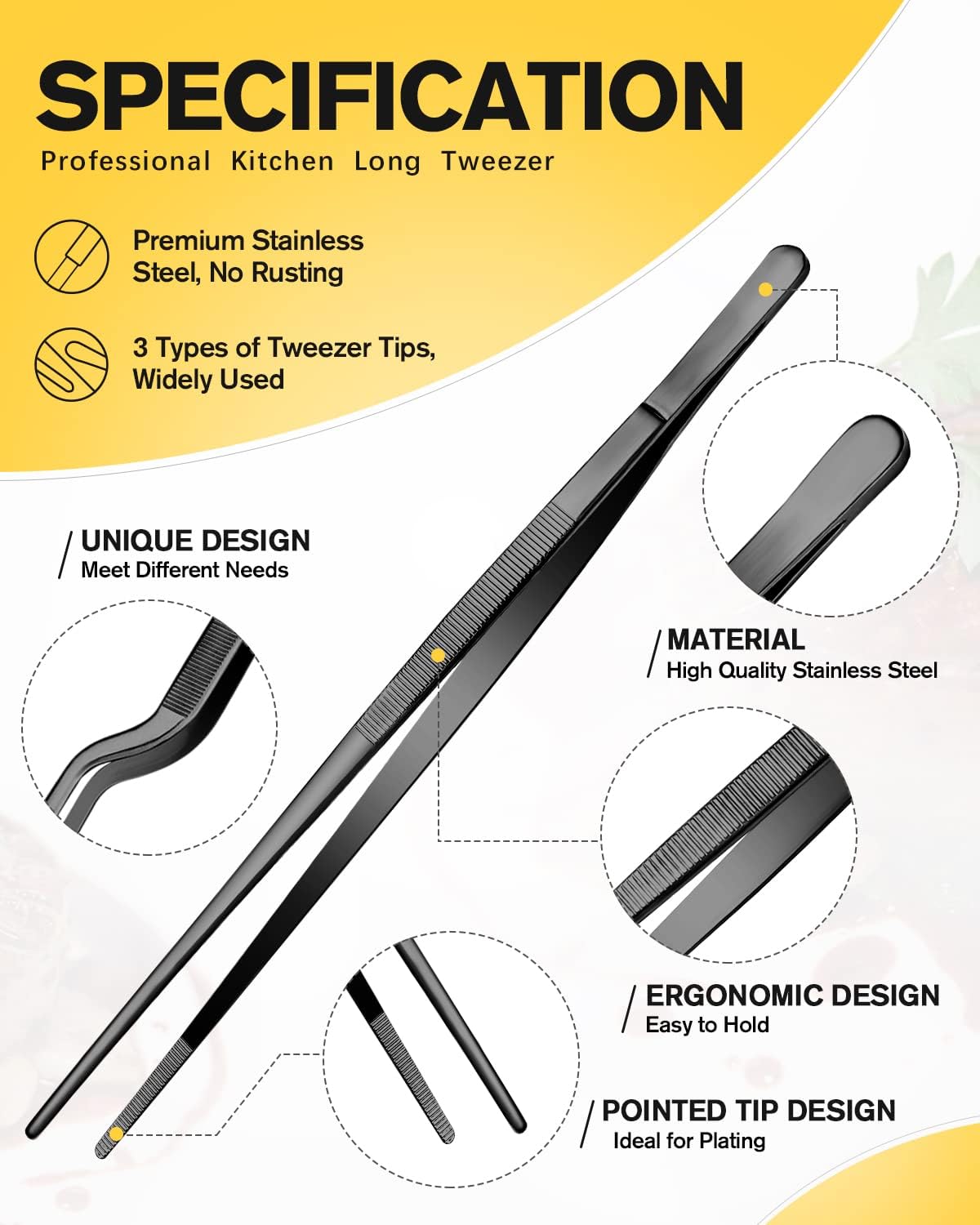 Fine Cooking Tweezers Set, Professional Stainless Steel Food Tongs, Kitchen Black Long Chef Tweezer for Cooking, Plating, Decorating and BBQ (SILVER, 12 inch)