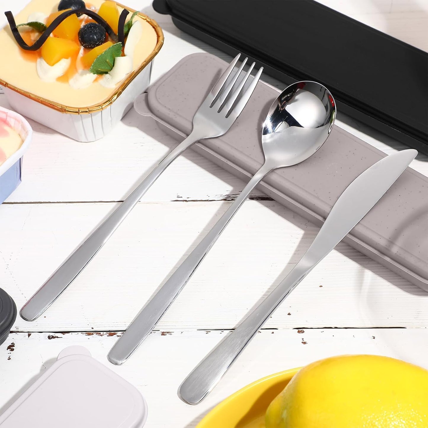 Yinkin 4 Pack Portable Travel Utensils Set with Case Reusable Stainless Steel Silverware Flatware Camping Cutlery Include Fork Spoon Knife for Work School Dishwasher Safe(White, Green, Red, Black)