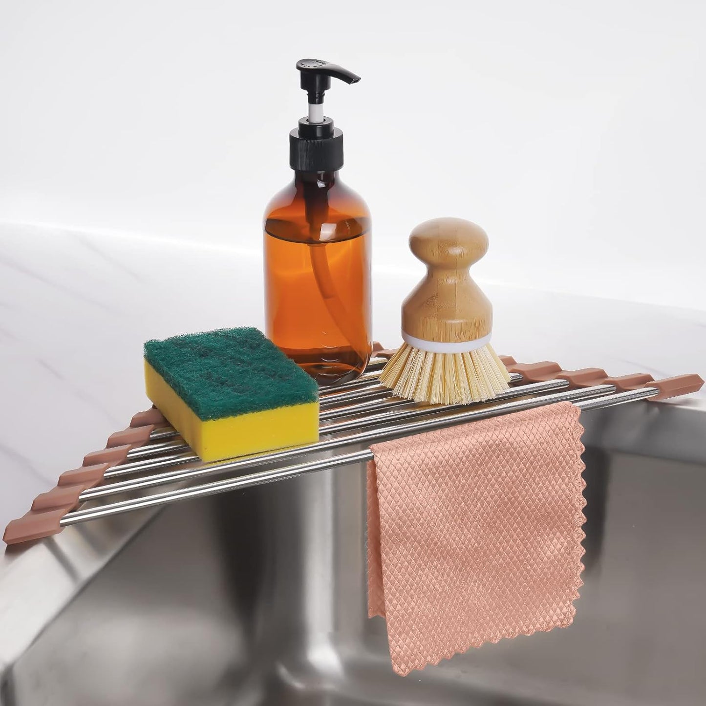 Tomorotec Foldable Stainless Steel Triangle Roll-Up Dish Drying Rack for Small Sink Corners - Over-The-Sink Multipurpose Kitchen Drainer, Rustproof Organizer, Trivet and Shelf - Space-Saving (Black)