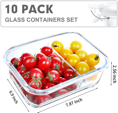 VERONES 10 Pack Glass Meal Prep Containers 2 Compartment Set, 30 OZ Airtight Glass Lunch Containers, Food Storage Containers with Lids, for Microwave, Oven, Freezer & Dishwasher Friendly，Red