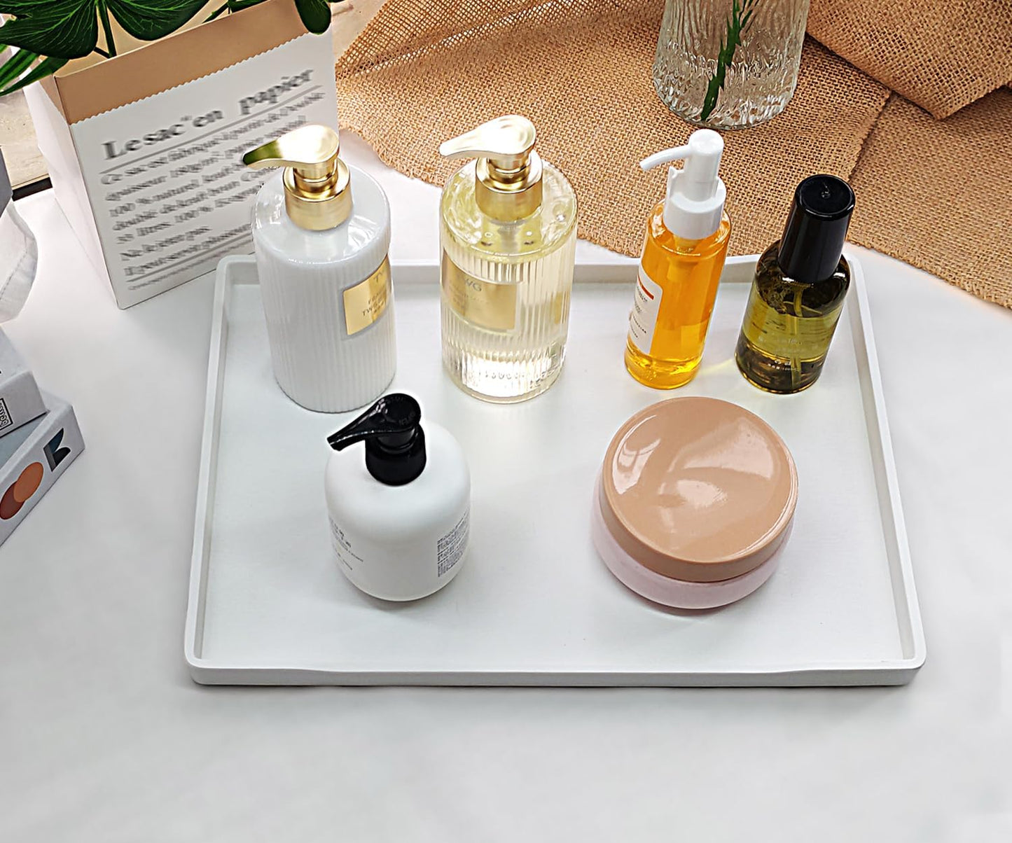 White Serving Tray (13.5 x 9.6 inch) for Serving Accessory, Elegant & Stackable Plastic Tray for Spa, Coffee, Drinks, Tea, Bar, Party, Seasoning, Perfume and Display Use.