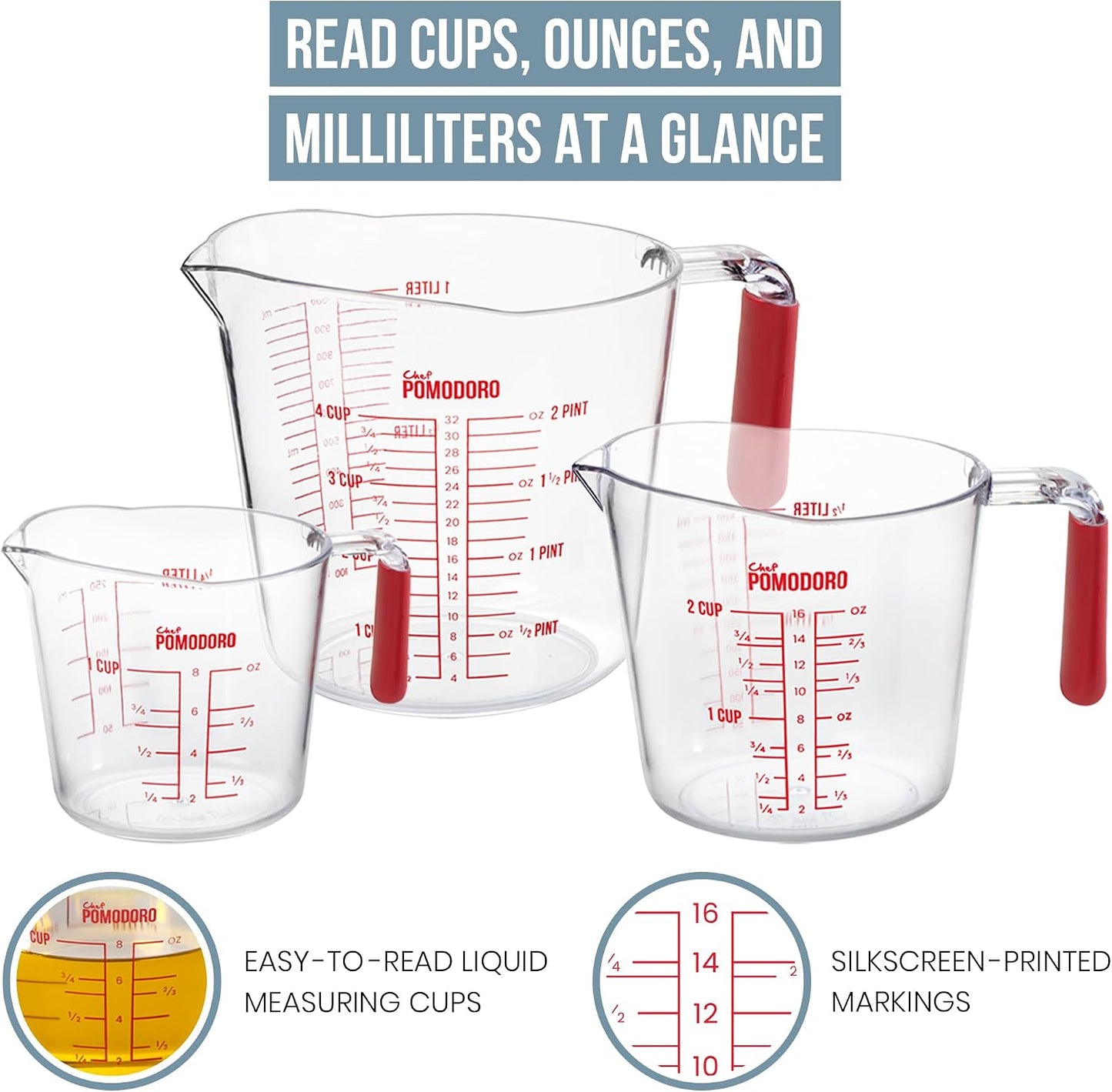 Chef Pomodoro 3-Piece Liquid Meausuring Cups Set - Ml and Oz Measuring Cup
