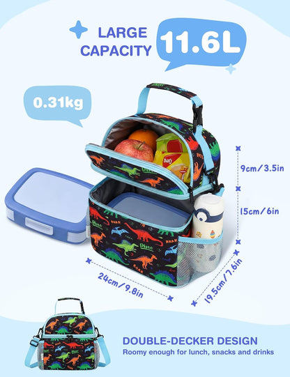 VASCHY Lunch Box Bag for Kids, Insulated Double Compartments Cooler Lunch Tote for Toddlers Boys Girls School/Daycare/Picnic Black Dinos