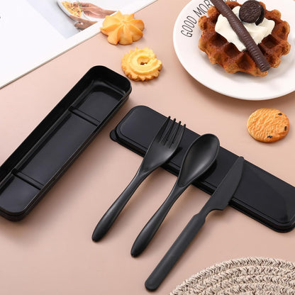 Jinei 50 Sets Reusable Travel Utensils Set with Case Wheat Straw Cutlery Portable Spoon Knife Forks Lunch Box Accessories Friendly Tableware for Kids Adults Camping Utensils(Bright)