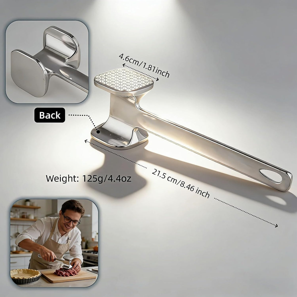 Meat Tenderizer Tool – Double-Sided Heavy Duty Mallet for Steak, Beef, Fish – Ergonomic Non-Slip Handle, Rustproof Aluminum, Easy Hang Storage