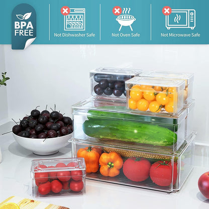 Set Of 7 Stackable Refrigerator Organizer with Lids, Fridge Organization and Storage Clear Containers, BPA-Free Plastic Pantry Bins for Fruits, Vegetable, Food, Drinks