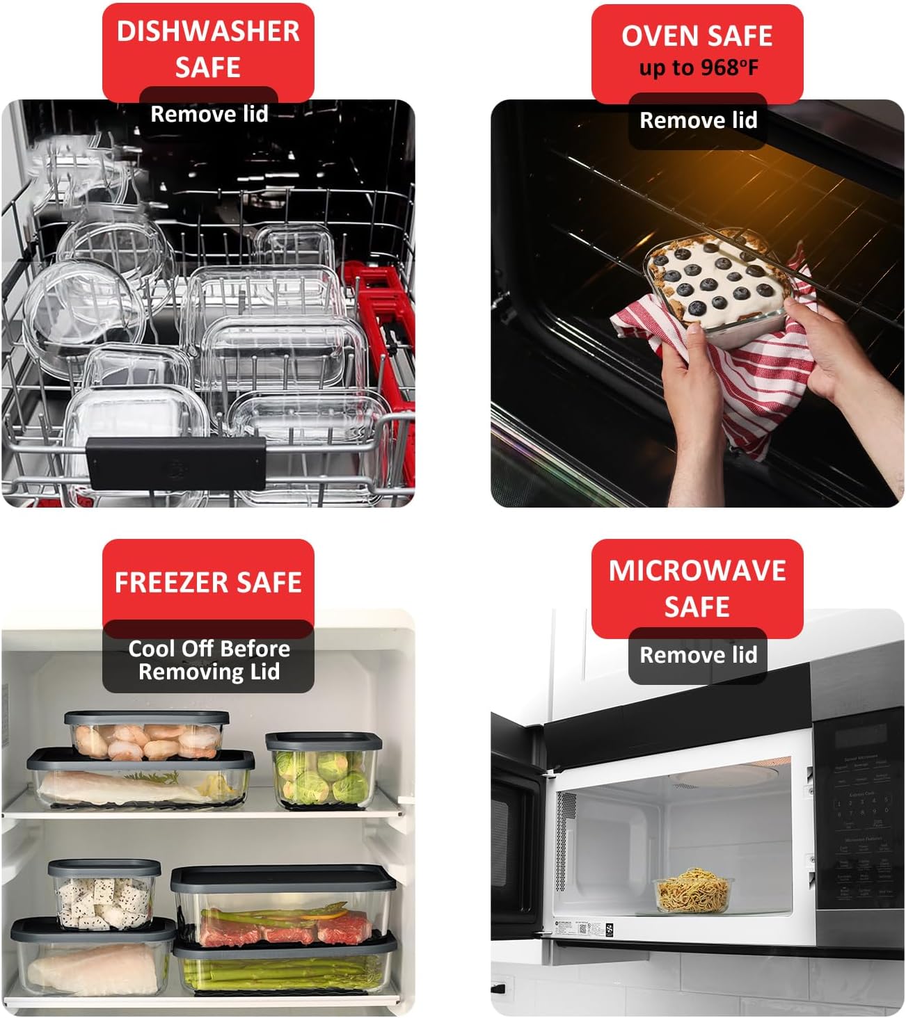 EATEX Grooved Base Glass Meal Prep Containers, 12 Pack Glass Food Storage Containers with Lids for Meal Prep & Lunch, Microwave Oven Freezer Dishwasher Safe, Anti Moisture Non-Stick Design - Black