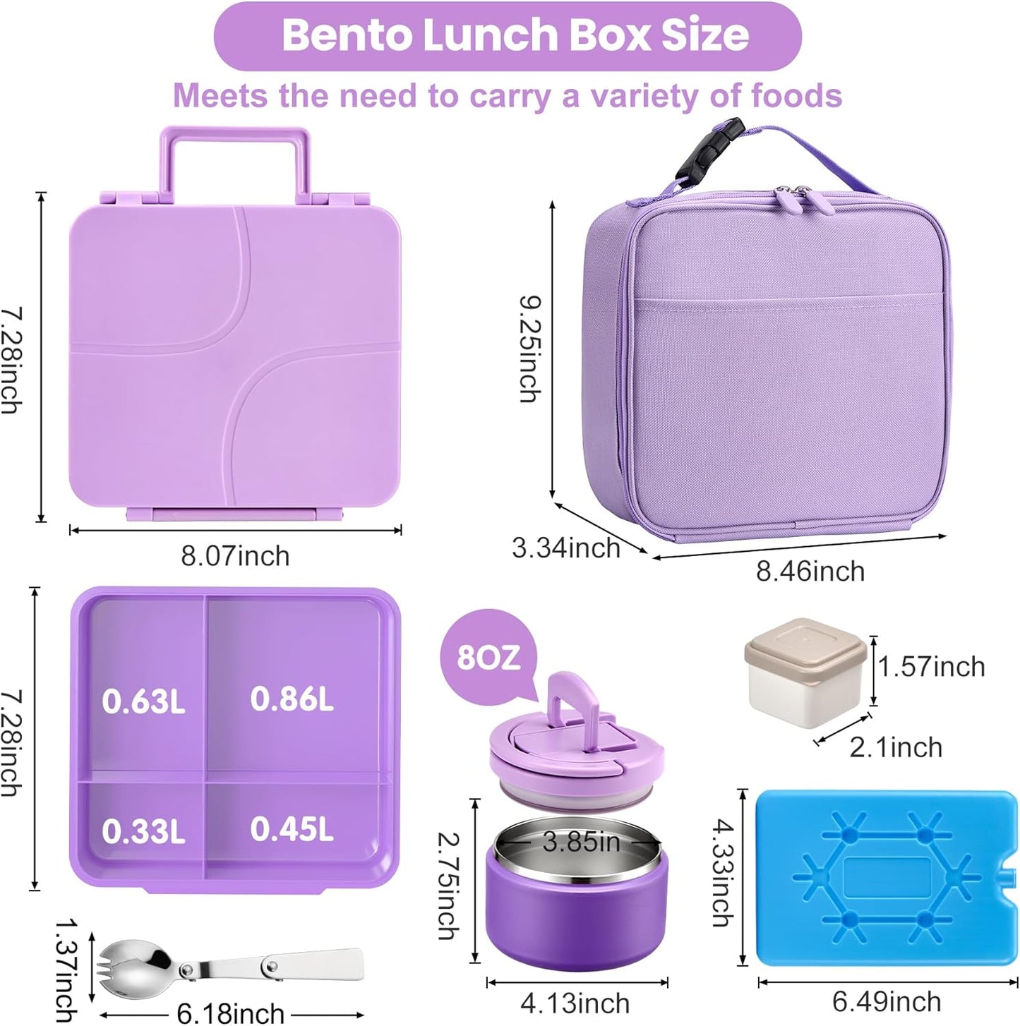 Bento Lunch Box with 8oz Soup Thermo,Kids Leakproof 4 Compartment Lunch Food Containers with Sauce Cup and Ice Pack,Kids Thermo Insulated Hot Food Jar and Lunch Bag for School,Trvael-Black