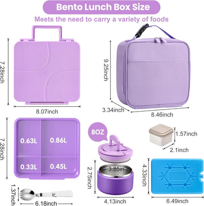 Bento Lunch Box with 8oz Soup Thermo,Kids Leakproof 4 Compartment Lunch Food Containers with Sauce Cup and Ice Pack,Kids Thermo Insulated Hot Food Jar and Lunch Bag for School,Trvael-Black