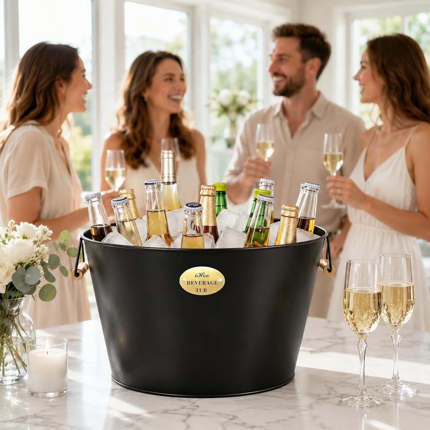 5.5 Gallon Large Beverage Tubs for Parties, 21L Galvanized Ice Bucket with Wooden Handles for Beer, Wine, Cocktails & Outdoor Events -Black